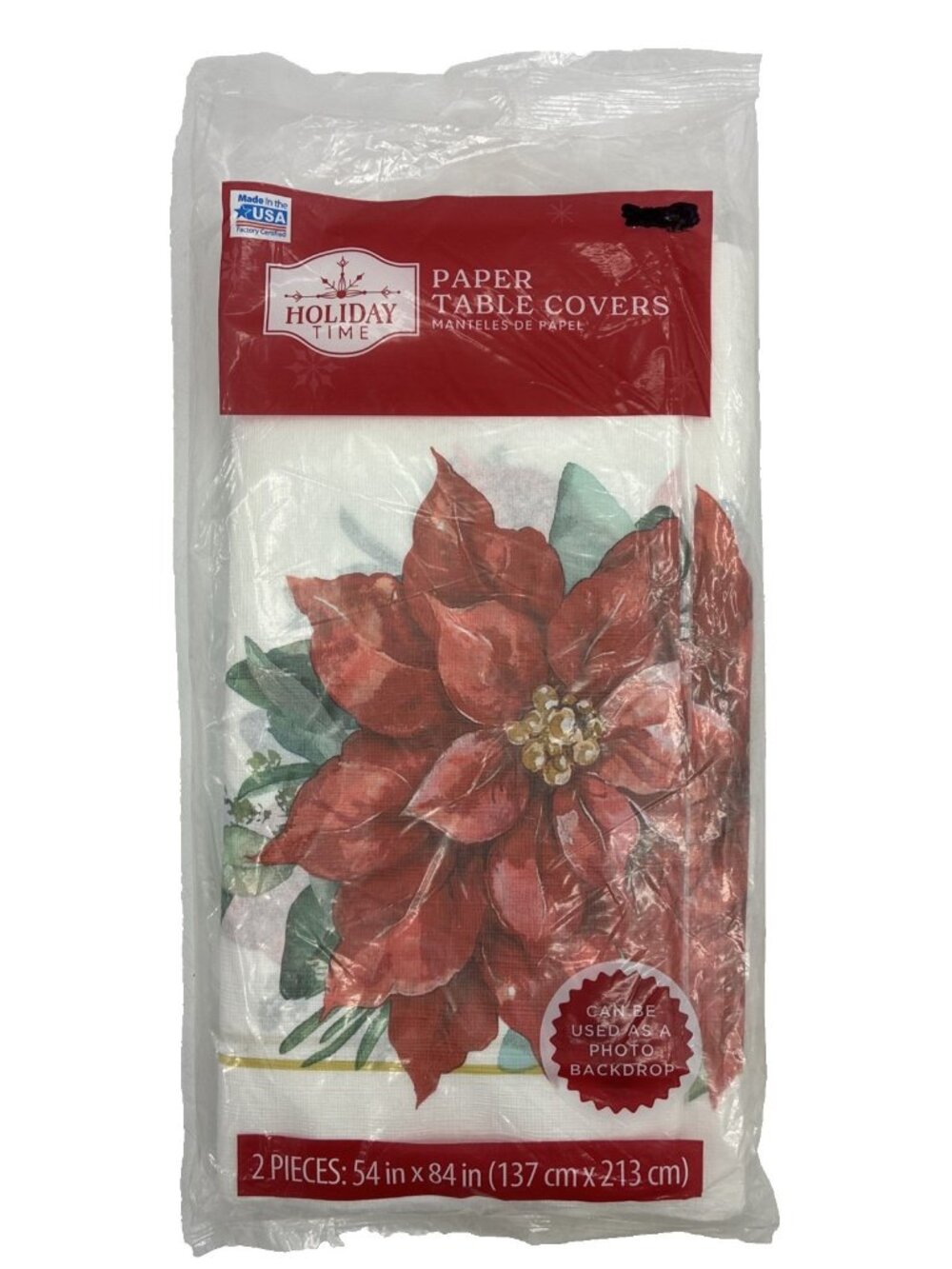 Holiday Time Paper Table Covers Christmas Poinsettia 2 Pack 54 x 84 Disposable